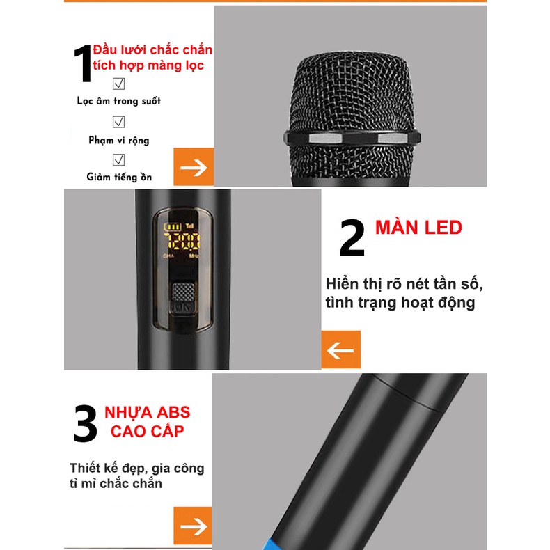 Trọn Bộ micro không dây ONTEKCO MV02 - 2 micro màu đen bóng thu phát sóng VHF không dây