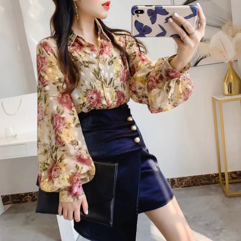 Áo Sơ Mi Chiffon Tay Dài Dáng Rộng In Họa Tiết Hoa Thời Trang Mùa Hè Xinh Xắn Cho Nữ