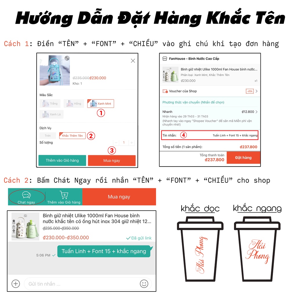 Bình giữ nhiệt Fan House dung tích 500ml, chất liệu inox 316, khắc tên theo yêu cầu