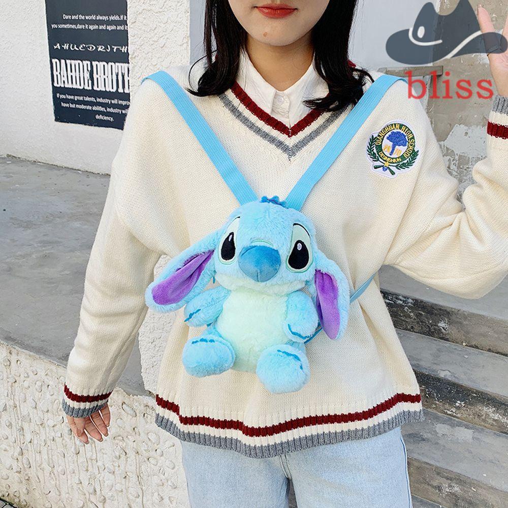 Ba Lô Lông Nhung Mềm Mại Có Khóa Kéo Họa Tiết Stitch Hoạt Hình Cho Học Sinh