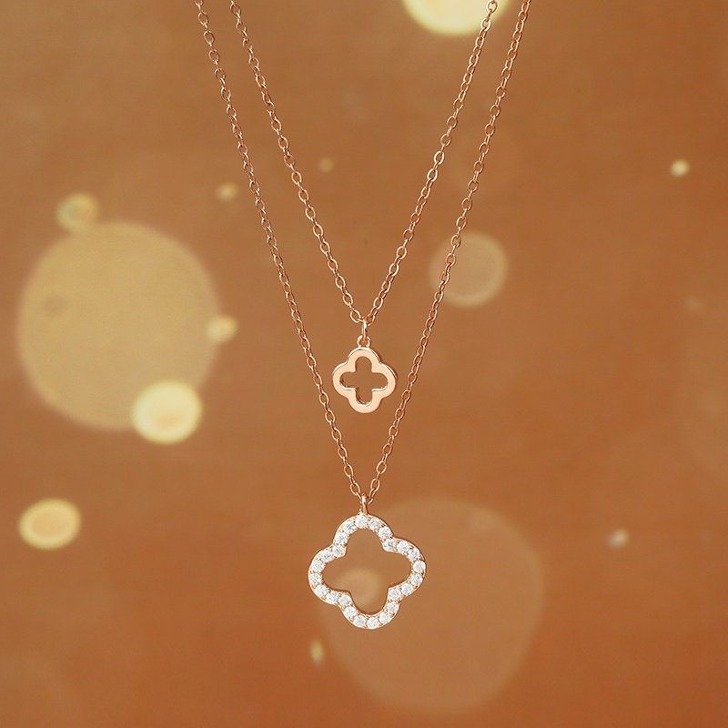 Dây Chuyền Hai Lớp Mạ Vàng 14K Mặt Hoa Đính Đá Zircon Phong Cách Hàn Quốc