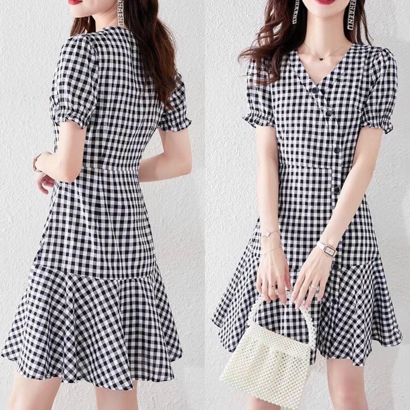 Đầm caro đuôi cá nẹp nút xéo M.L.XL