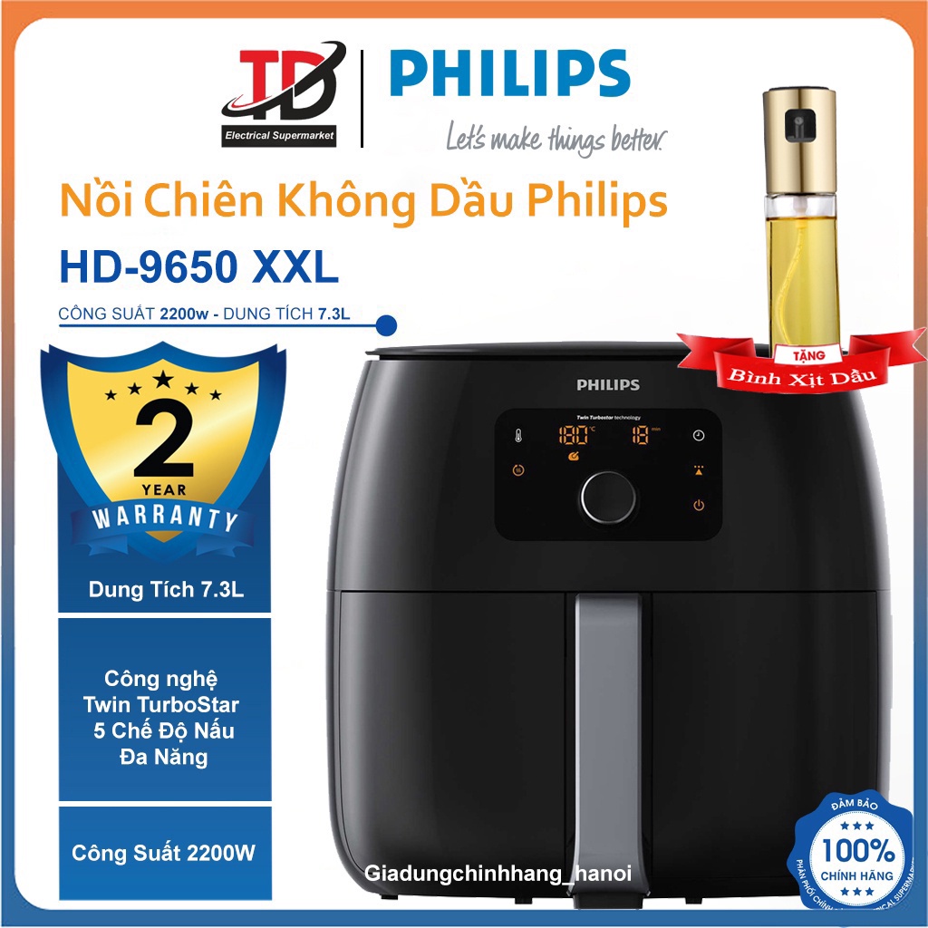 Nồi Chiên Không Dầu Điện Tử Philips Premium HD9650/91, Size XXL 7.3Lit, Công Suất 2200W, Bảo Hành Chính Hãng 2 Năm