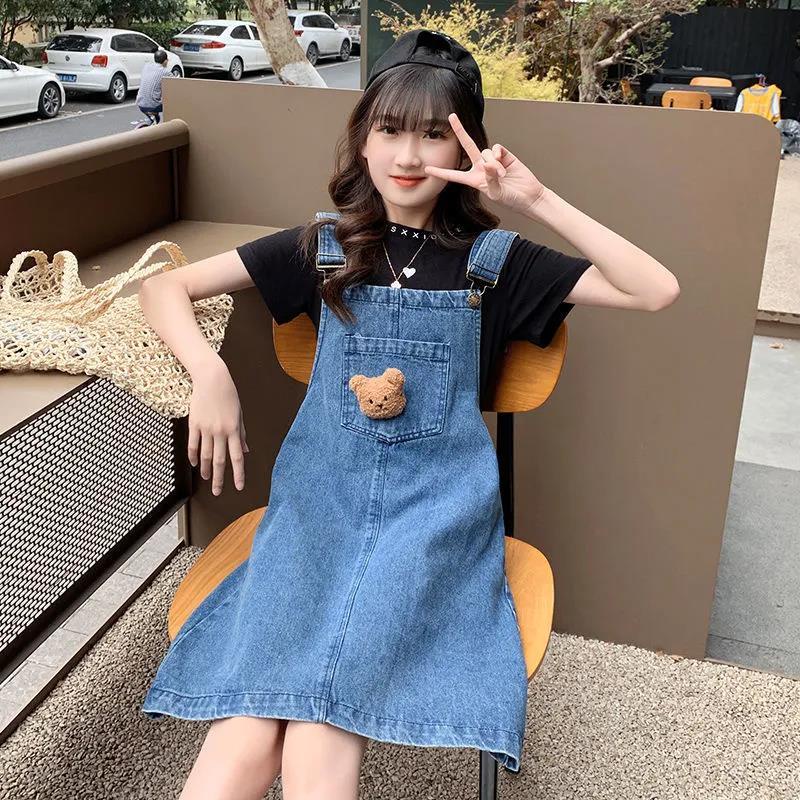 Bộ Áo Thun Dáng Rộng + Váy Yếm Denim Thời Trang Cho Bé Gái 3-5 - 8-10 - 14 Tuổi Váy dây đeo màu xanh