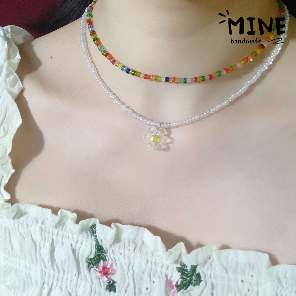 Dây chuyền nữ layer nhiều lớp trong suốt mặt hoa cúc đẹp thời trang phong cách Hàn Quốc Vòng cổ hạt cườm Minehandmade