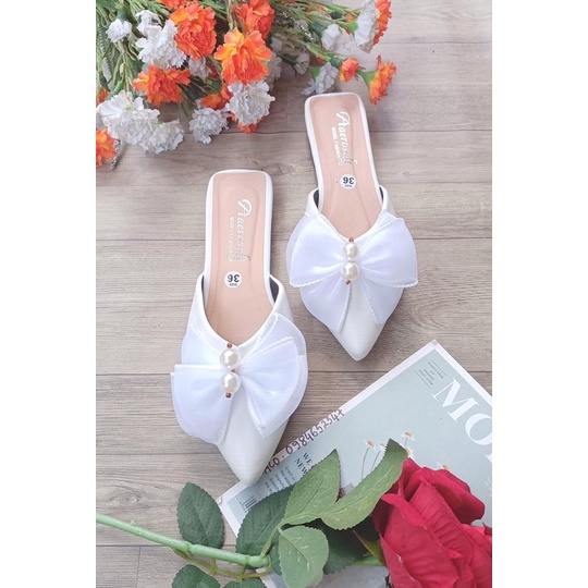 Giày Dép Sục Bệt Đính Nơ Ngọc Mũi Ngọn Cao 3 Phân Nữ