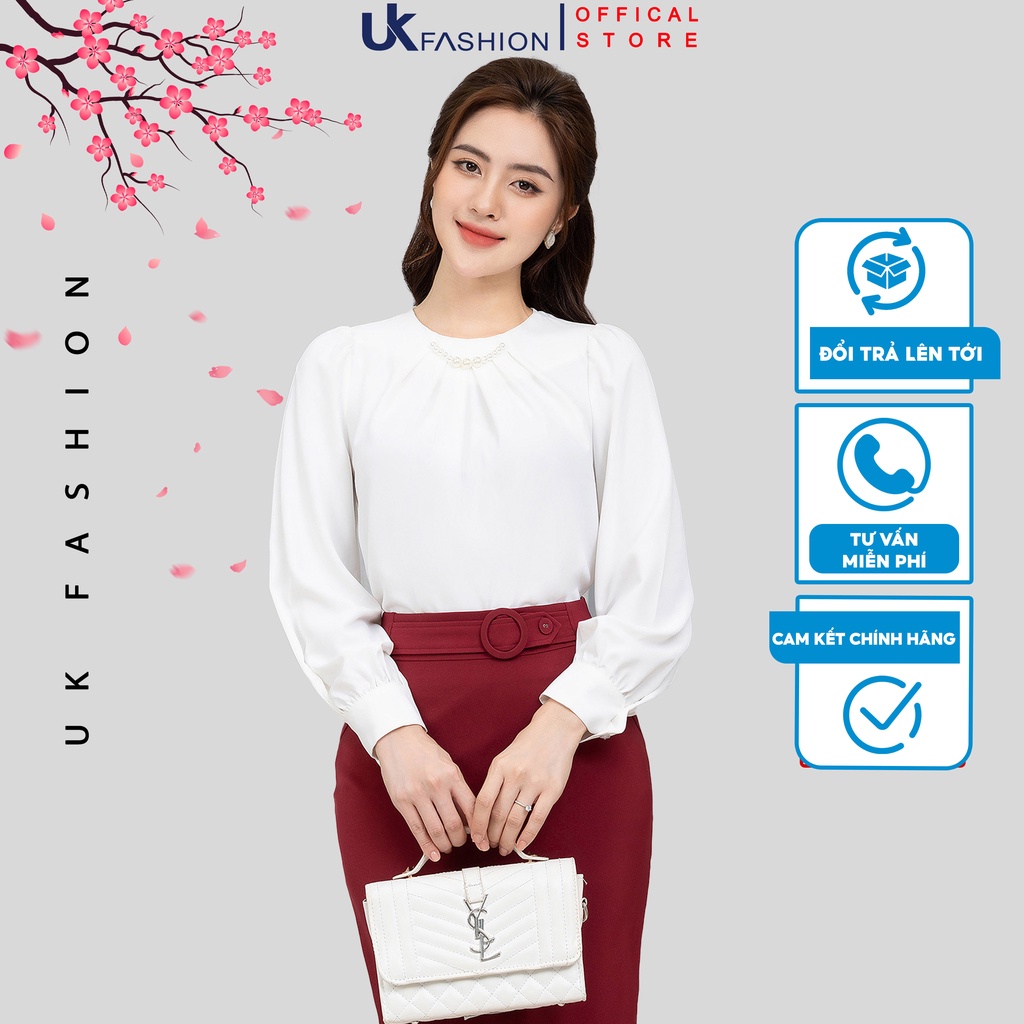 Áo sơ dài tay công sở nữ phối hoa tiết đính ngọc ở cổ thời trang UK Fashion 2 màu trắng xanh ngọc NKSM2209002