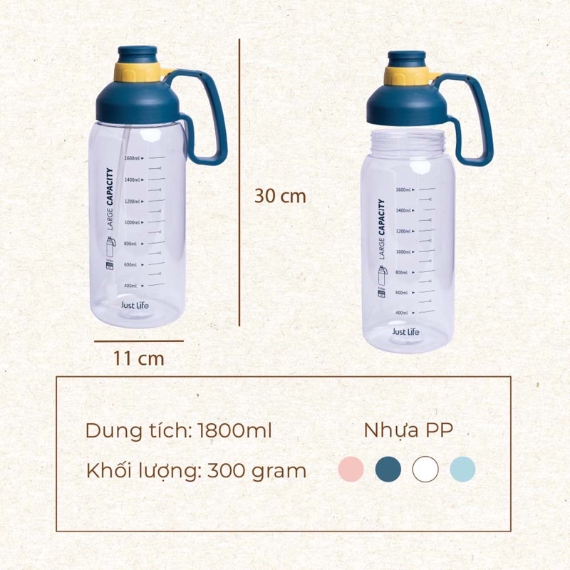 Bình Đựng Nước Các Loại 1.8L Có Chia Vạch Tập Gym, Đựng Trà, Giải Khát, Cho Dân Văn Phòng