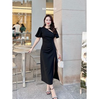 RẬP - Đầm Đen Tay Phồng Cổ Tròn Thân Xẻ - GOLD 05