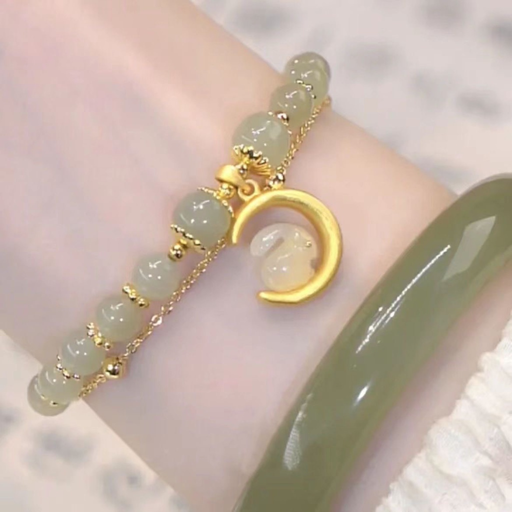 Vòng Tay Co Giãn Xâu Hạt Nephrite Hình Thỏ Thời Trang Cho Nữ