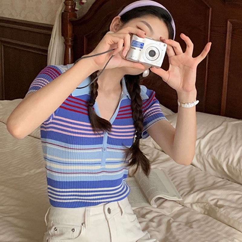 Áo Thun polo Ngắn Tay Họa Tiết Kẻ Sọc Thời Trang Hàn Quốc Cho Nữ