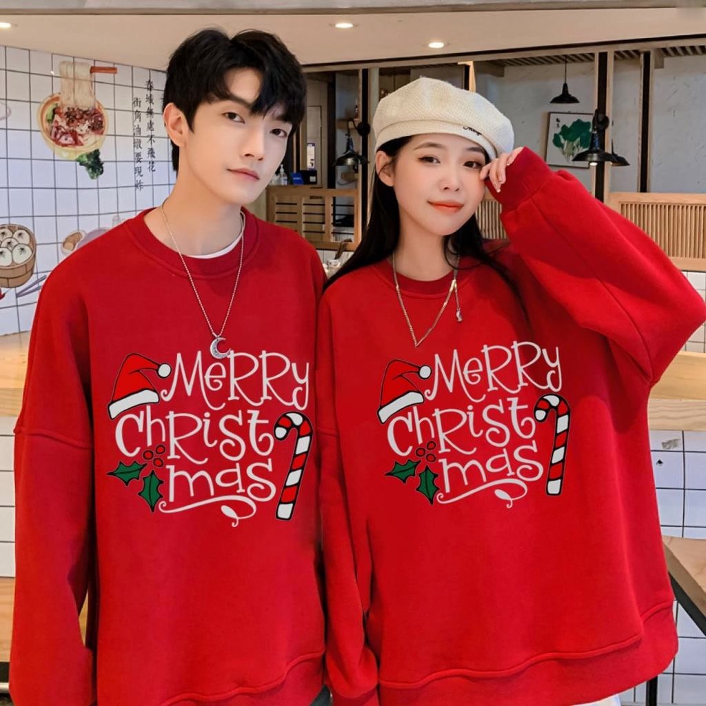 Áo nỉ giáng sinh cổ tròn, dáng rộng áo merry christmas áo đôi với người yêu, bạn bè