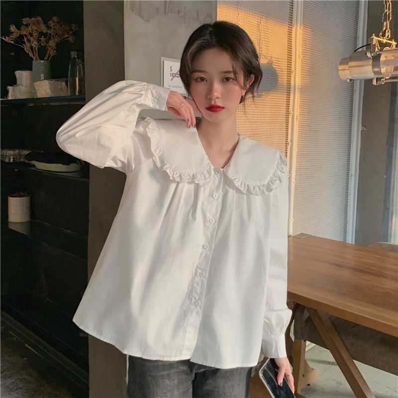 Áo Sơ Mi Trắng Tay Dài Cổ Búp Bê Phong Cách Hàn Quốc Thời Trang Cho Nữ
