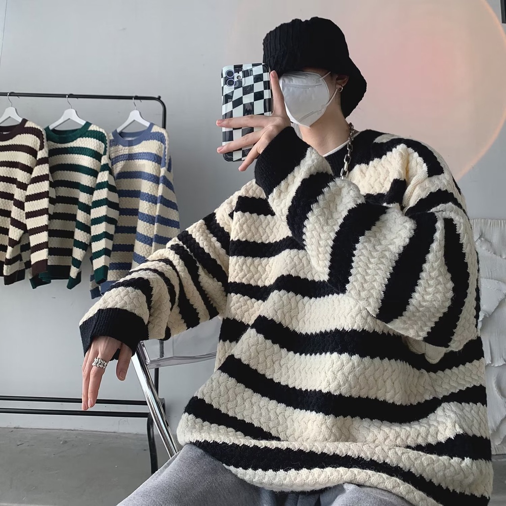 Áo Khoác Sweater Dệt Kim Dày Tay Dài Kẻ Sọc Kiểu Hàn Quốc Thời Trang Thu Đông Cho Nam