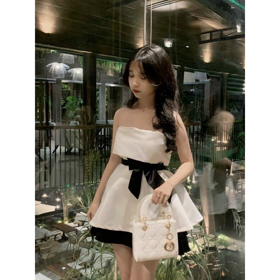 ĐẦM CÚP NGỰC SET ÁO ỐNG TRẮNG THẮT NƠ ĐEN EO + CHÂN VÁY XOÈ