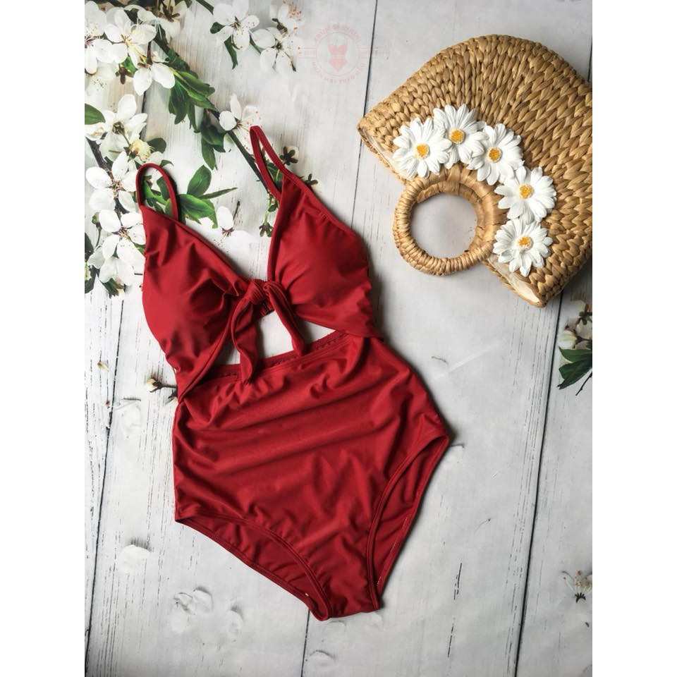 ( Mua 1 Tặng 1 ) Bộ bikini liền mảnh 2 dây cut eo đỏ đô tôn dáng + Set đồ bơi gọng cup nâng ngực