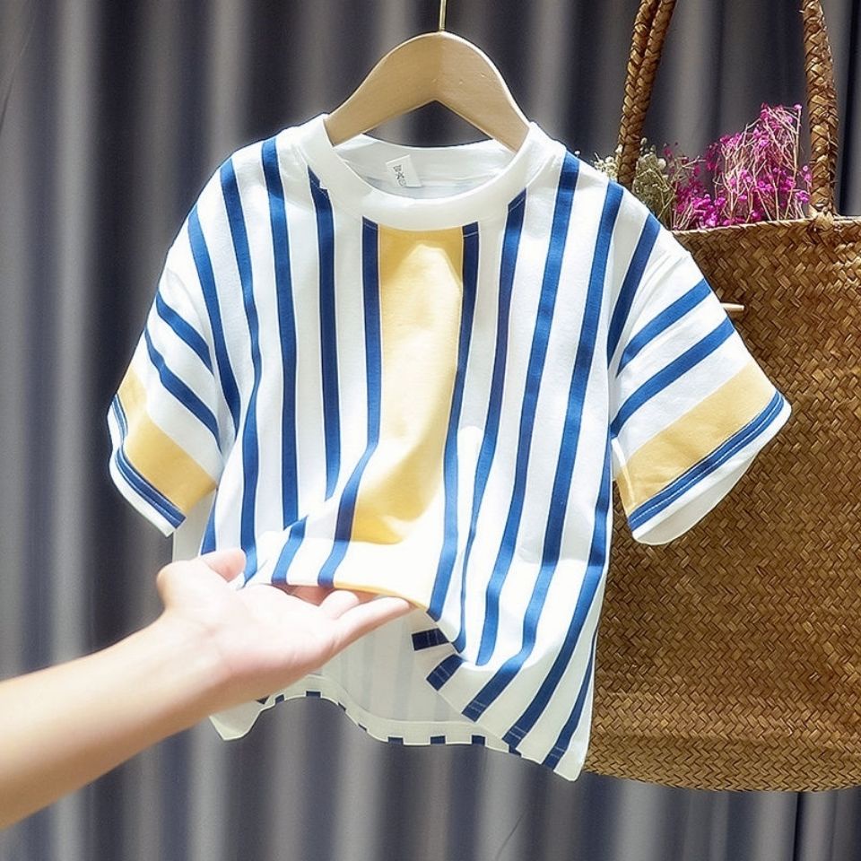 Áo Thun Cotton Ngắn Tay Họa Tiết Kẻ Sọc Dọc Màu Tương Phản Phong Cách Hàn Quốc Thời Trang Mùa Hè Cho Bé Trai