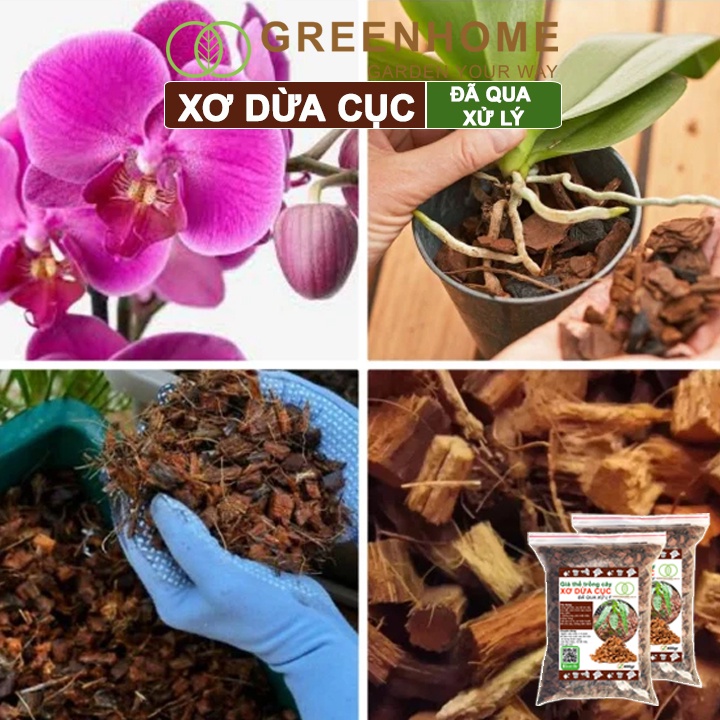 Xơ Dừa Cục Đã Qua Xử Lý Greenhome, Size 1-2cm, Bao 400gr, Giá Thể Kiểng Lá, Phong Lan