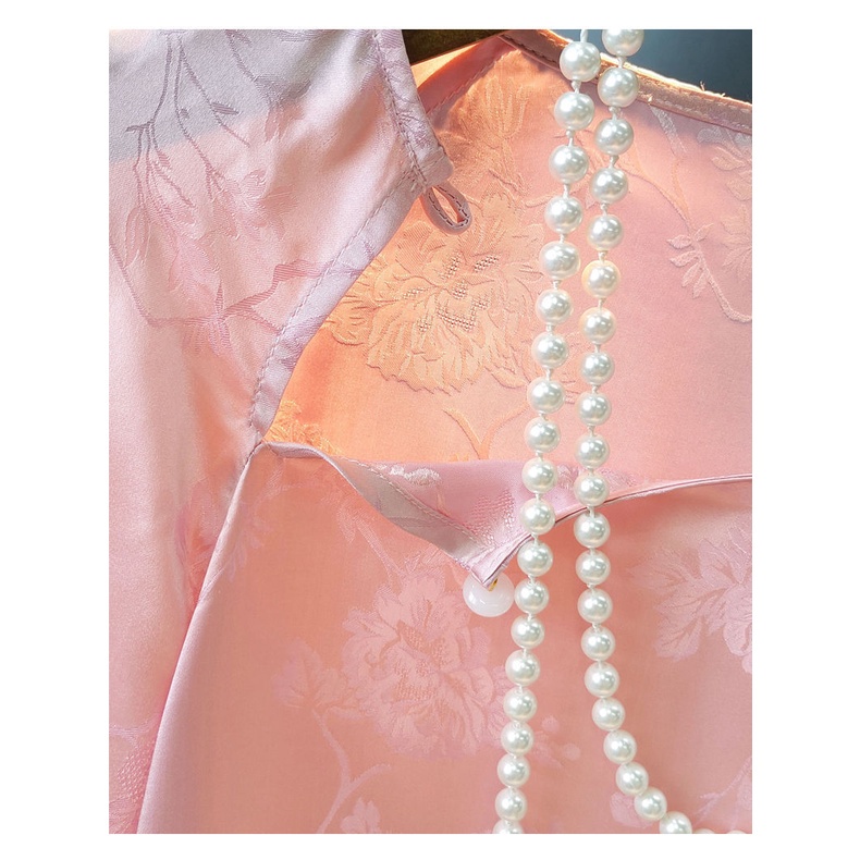 Women Pink Chinese Style Buttoned Round Neck Imitation Silk Shirt