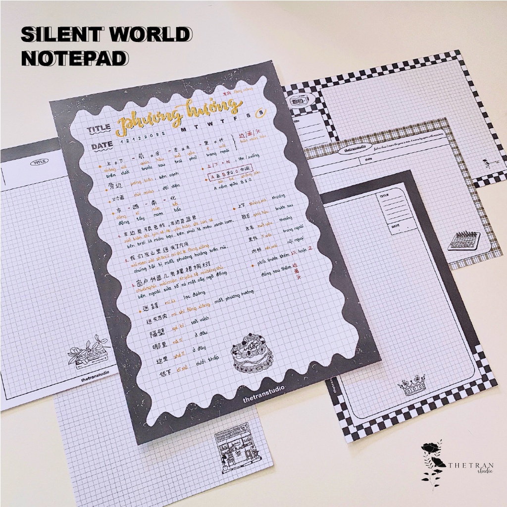 Bộ 10 tờ giấy ghi chép kẻ caro - A4, B5, A5, A6 - dọc, ngang trắng đen / silent world notepad / thetranstudio