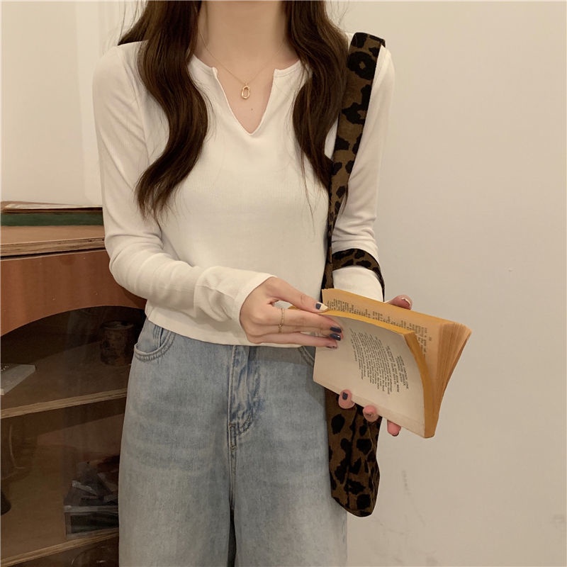 Áo thun SUXI tay dài cổ chữ V dáng ôm thời trang mùa thu phong cách Hàn Quốc cho nữ