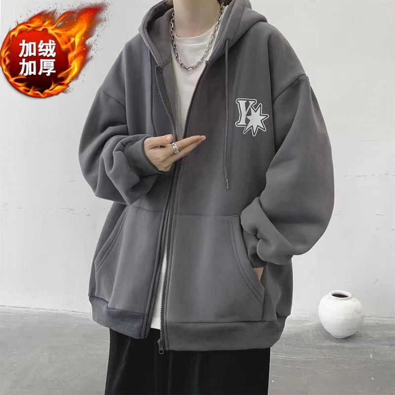 Áo Khoác Cardigan Có Nón Và Khóa Kéo Bằng Lông Cừu Dày Dáng Rộng In Họa Tiết Chữ S Thời Trang Thu Đông Mới Cho Nam