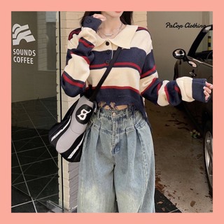 Áo len Croptop cổ polo Pull tay dài dệt kim họa tiết kẻ sọc phối màu . Mã N12