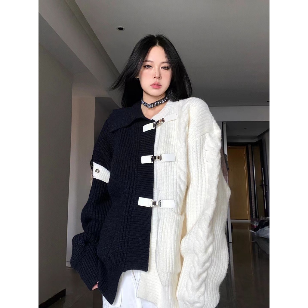 Áo Khoác Cardigan Dệt Kim Dáng Rộng Phối Màu Tương Phản Thời Trang Mùa Đông Mới