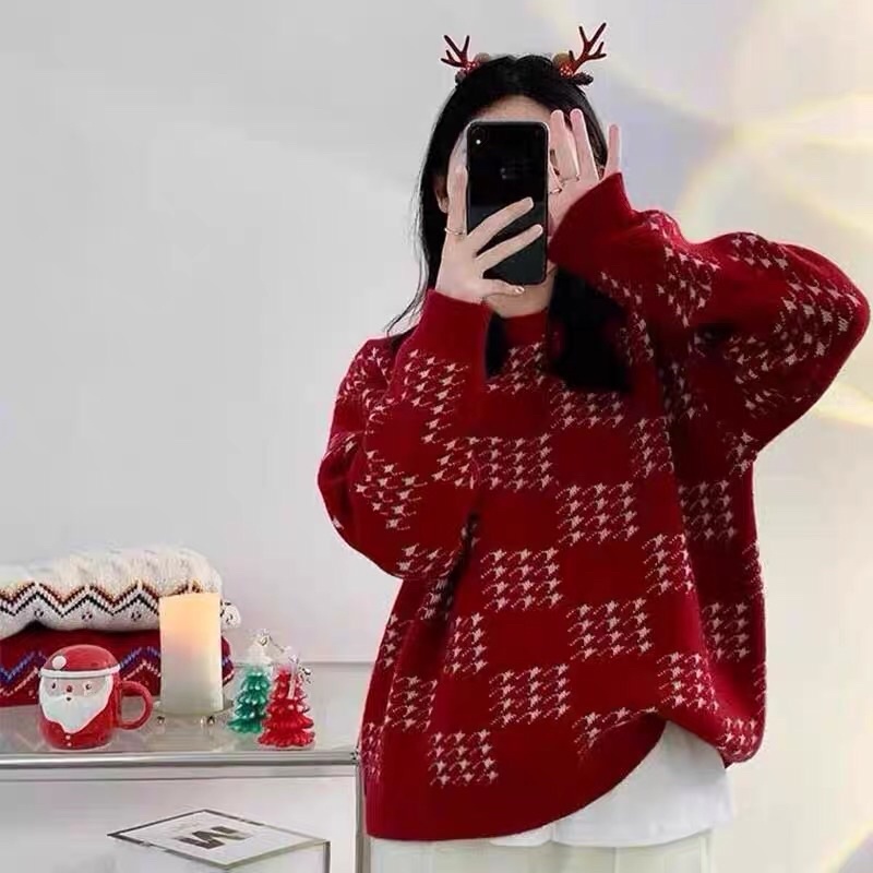 Áo len nữ noel dài tay from rộng , áo len đỏ phối màu cá tính mặc đi chơi giáng sinh, tết chất len dày đẹp cao cấp