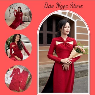 Áo dài tết đỏ, áo dài cách tân nữ tay dài cut out xoắn ngực kèm quần suông lụa nhiều size siêu sang chảnh.