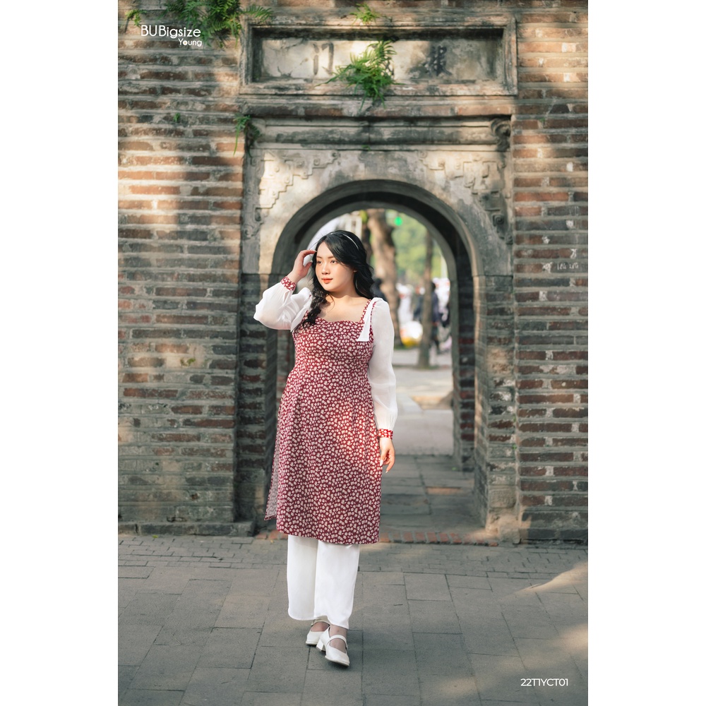 Set áo dài hoa nơ nhí vai phối + Quần BIGSIZE (55kg đến 95kg) - 22T1YCT01 - [BU Bigsize Young]