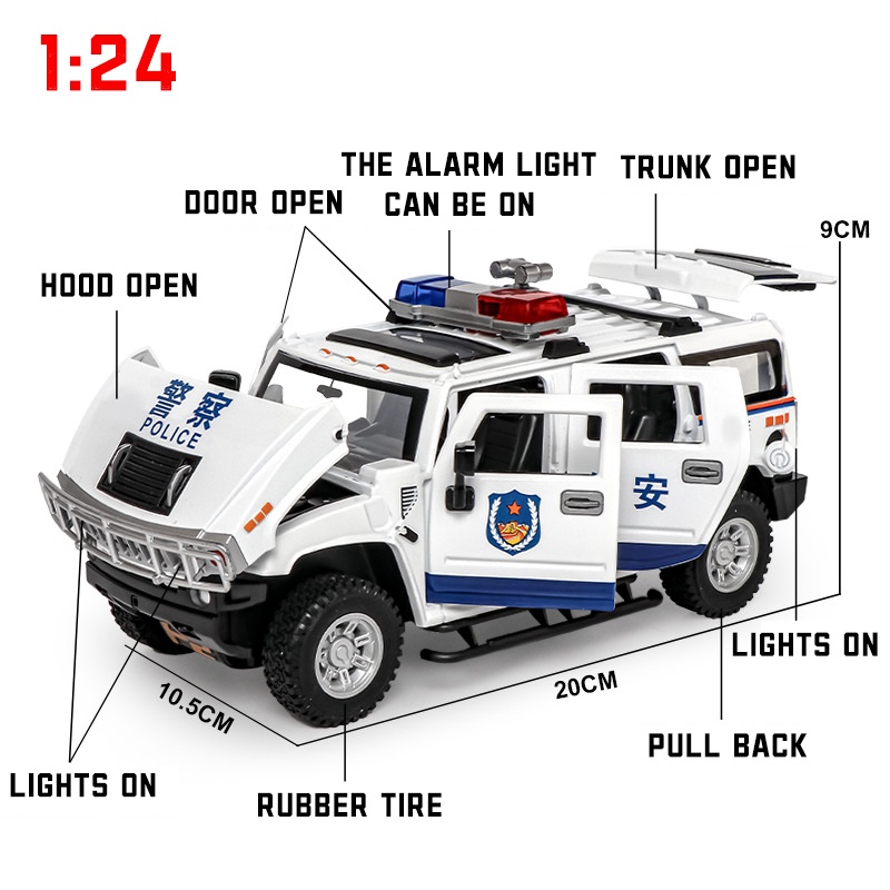 Mô Hình Xe Cảnh Sát Hummer H2 Có Đèn Và Âm Thanh Bằng Hợp Kim Tỉ Lệ 1: 24