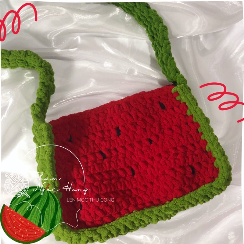 Túi len tote dưa hấu, len móc thủ công
