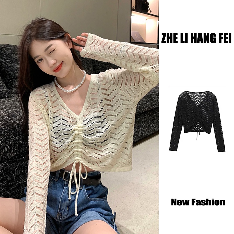 【ZHELIHANGFEI】Áo Dệt Kim Tay Dài Dáng Rộng Phối Dây Rút Thời Trang Trẻ Trung Cá Tính