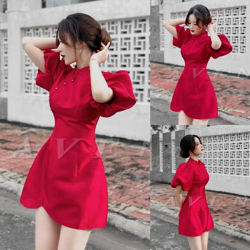 Đầm váy nữ sườn xám cổ tàu đính ngọc xinh xắn với tone màu đỏ dành cho các nàng diện đi chơi Noel, Tết siêu xinh