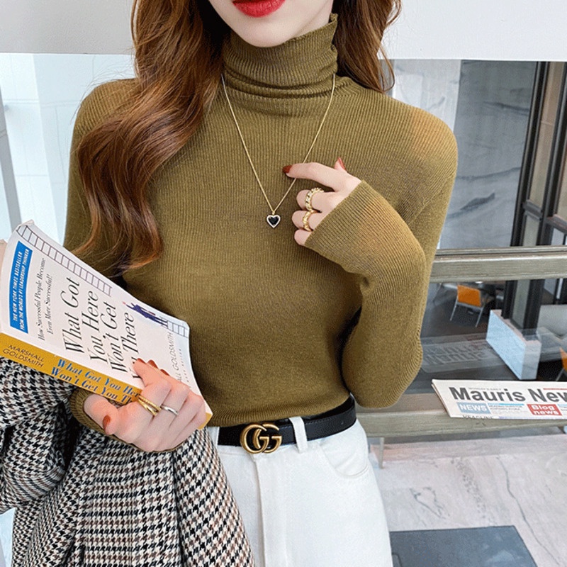 Áo Sweater Dệt Kim Tay Dài Cổ Lọ Màu Sắc Đơn Giản