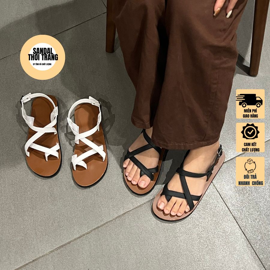 Dép sandal xỏ ngón quai mảnh đế bệt, giày quai hậu nữ nam đi học A101 Nâu Trắng/Đen SANDALTHOITRANG
