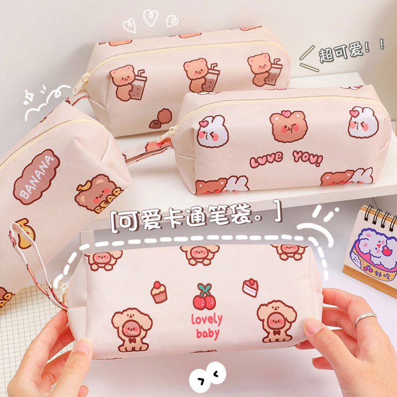 Túi đựng bút vải canvas sức chứa lớn in họa tiết gấu hoạt hình đáng yêu tiện lợi ouyou