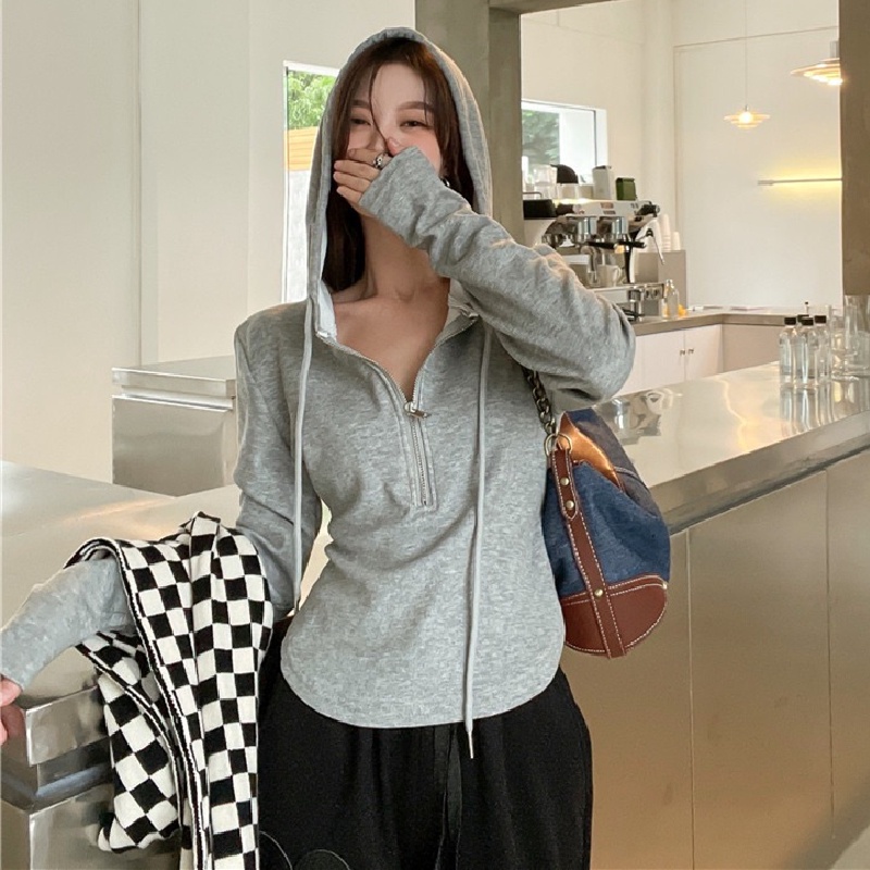 SUXI Áo Thun Tay Dài Có Nón Lót Nhung Phối Khóa Kéo Thời Trang Thu Đông Cho Nữ