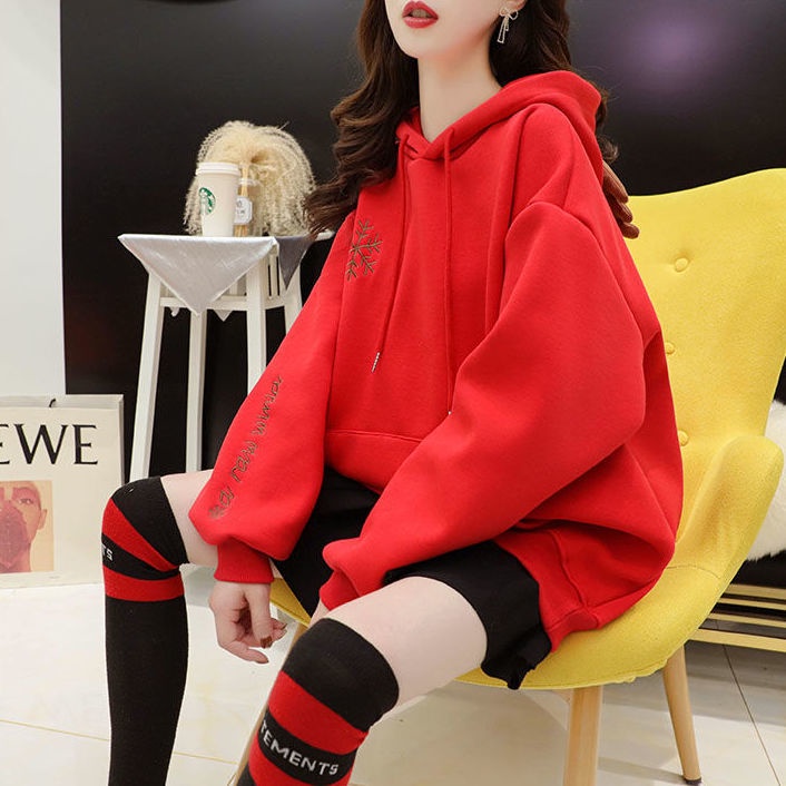👗Trang phục Junyi💗Áo Hoodie Lót Lông Cừu Dày Dặn Màu Đỏ Giáng Sinh Plus Size Cho Nữ
