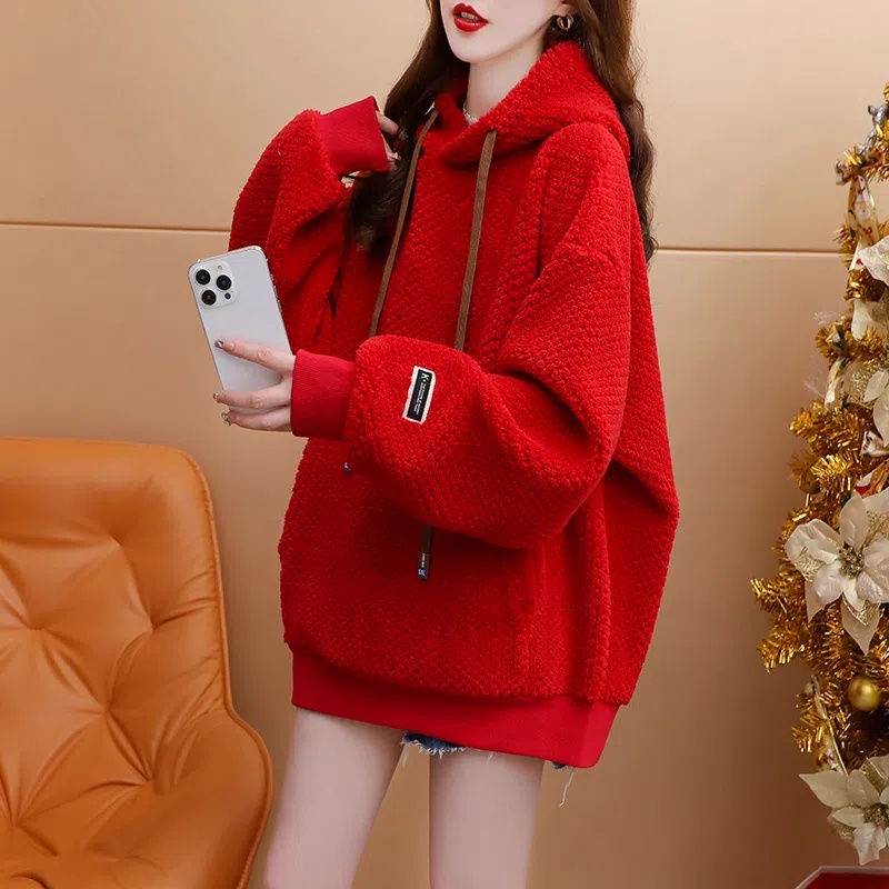 Áo Hoodie Lót Lông Cừu Dày Dặn Dáng Rộng Thời Trang Thu Đông Năm Mới 2022 Cho Nữ