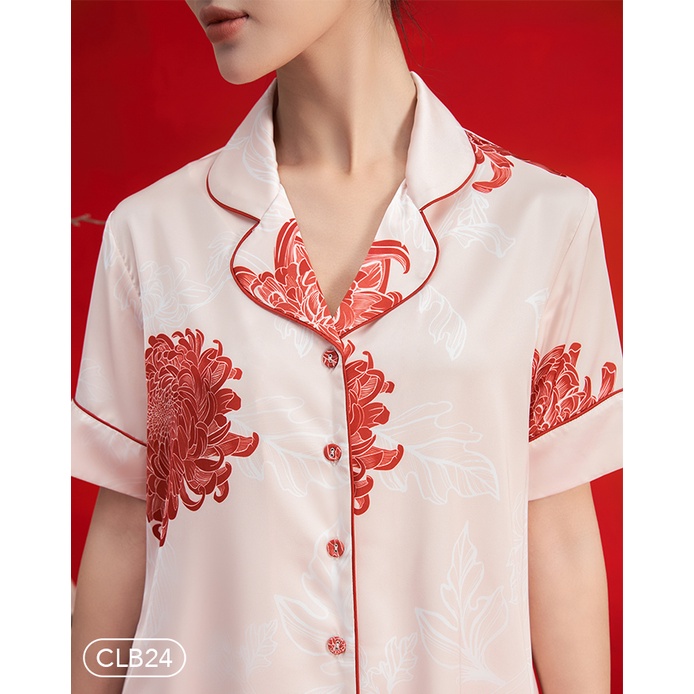 Bộ Pyjama satin ZAM Luxury - CLB24 - áo ngắn tay quần dài hoạ tiết