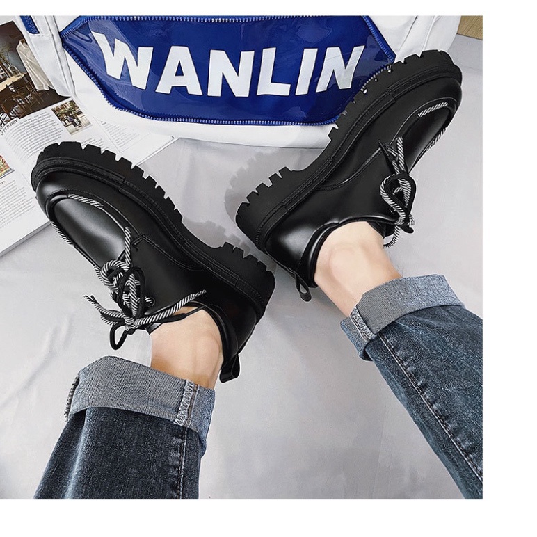 ✔️Giày nam bốt da cổ thấp mũi tròn phong cách Nhật Bản thời trang nâng chiều cao, giầy tây dr marten Đen Full Box 7608