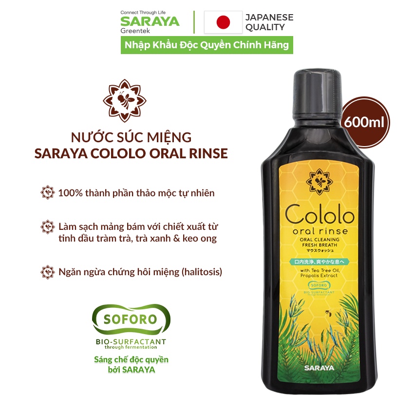 Nước súc miệng Saraya Cololo Oral Rinse, chiết xuất từ tinh dầu tràm trà, trà xanh & keo ong tự nhiên - 600ml