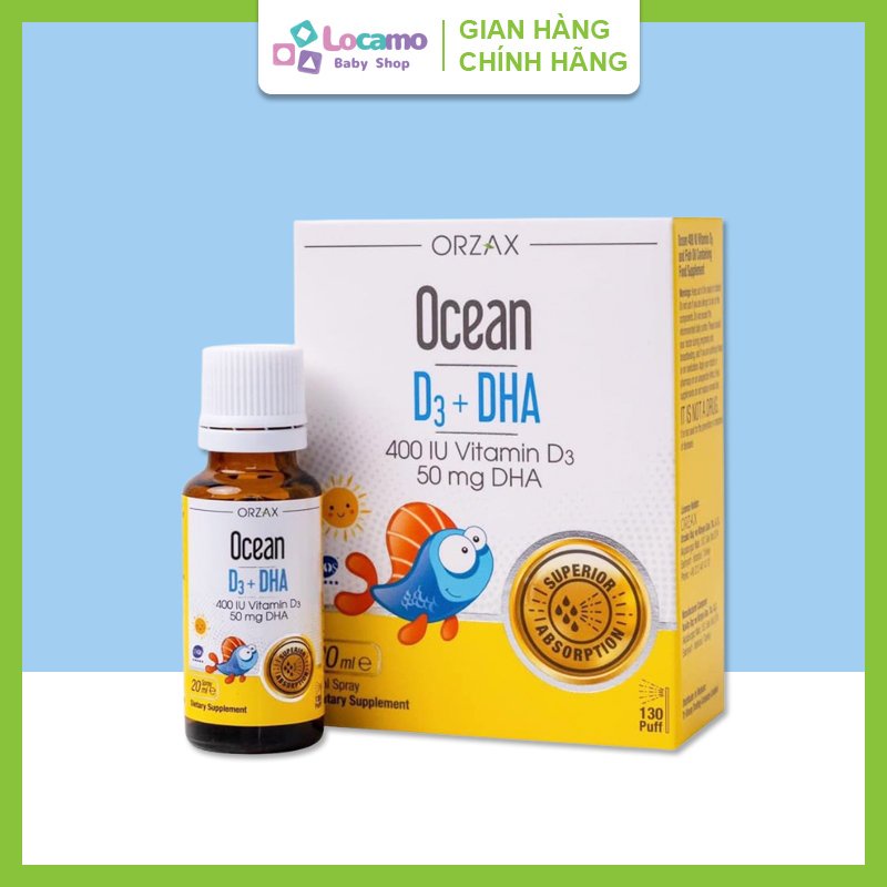 Ocean D3 DHA Vitamin d3 dha cho bé Dầu cá Omega 3 Canxi Tăng chiều cao Phát triển trí não cho trẻ Xịt Nhỏ giọt Lọ 20ml