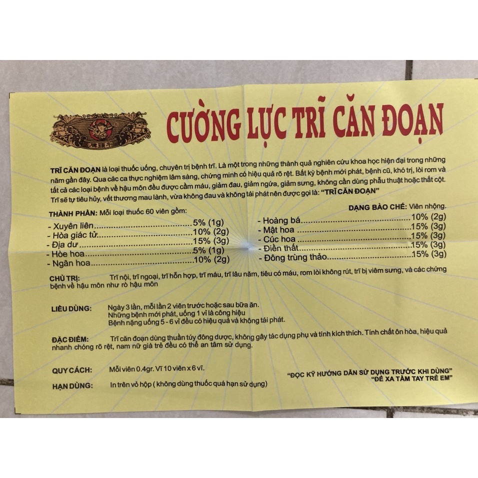 CƯỜNG LỰC TRĨ CĂN ĐOẠN, CHÍNH HÃNG HongKong, 60 viên