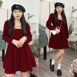 [ẢNH THẬT] VÁY NHUNG DÀI TAY CỔ VIỀN BÈO DÁNG XOÈ VNDTCV