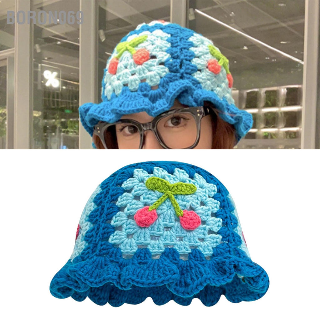 Boron069 Phụ Nữ Đan Hoa Nón Anh Đào Dễ Thương Có Thể Gập Lại Handmade Len Cho Mùa Thu Đông Free Size