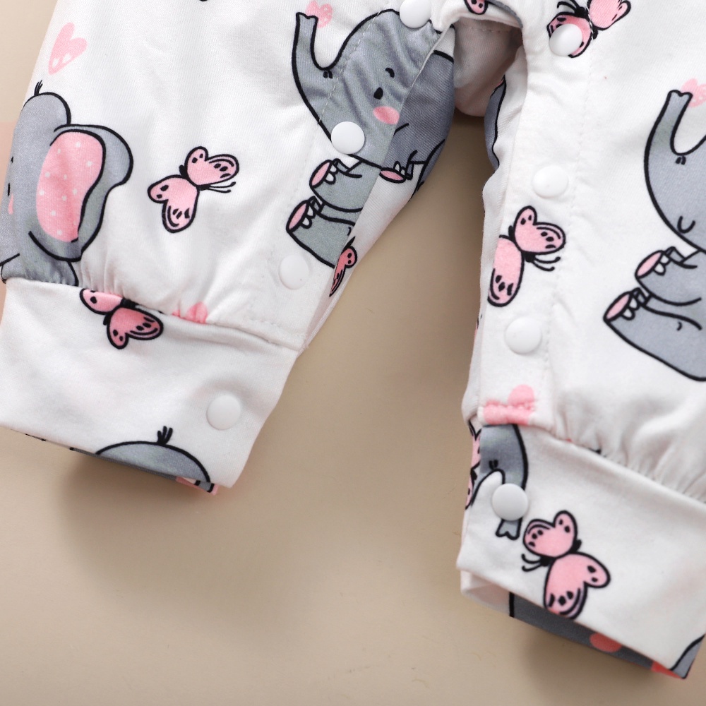 Bộ áo liền quần MIKRDOO tay dài in hình chú voi kèm băng đô cài tóc xinh xắn cho bé gái 0-12 tháng tuổi