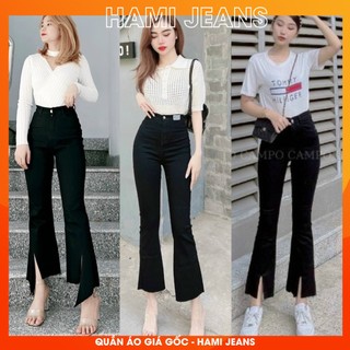 Quần jean ống loe 9 tấc quần ống bass lỡ màu đen vải đẹp Quần bò ống loe màu đen